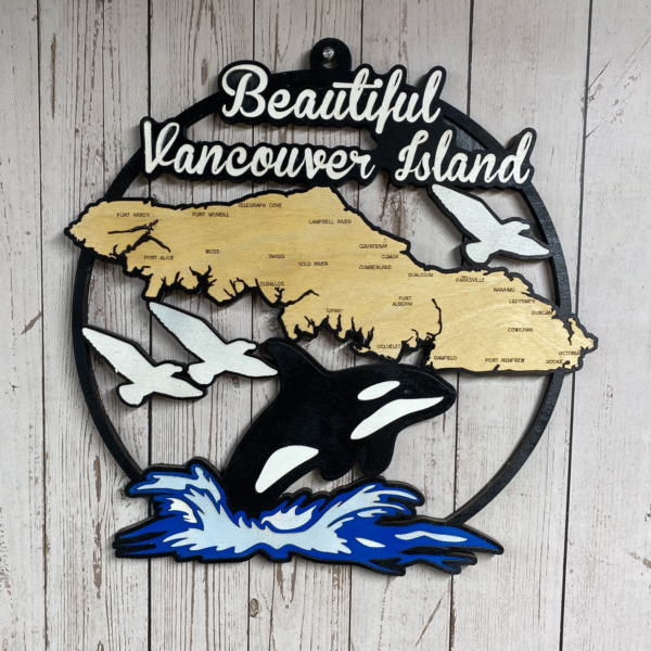 Multi-layered orca British Columbia sign