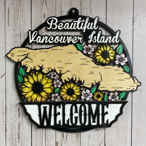 Hand-finished Vancouver Island sunflower welcome sign