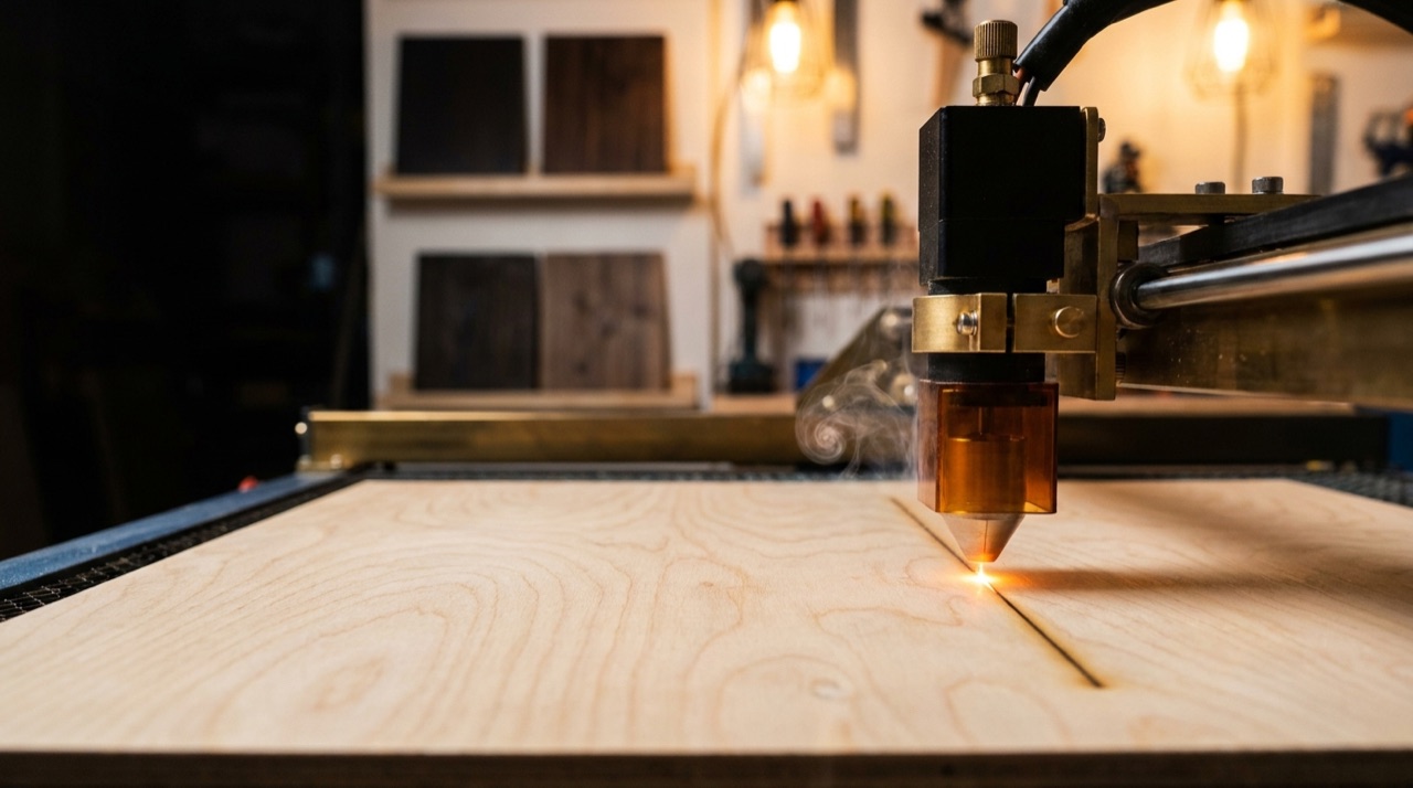 A laser engraver cutting into a Baltic birch panel